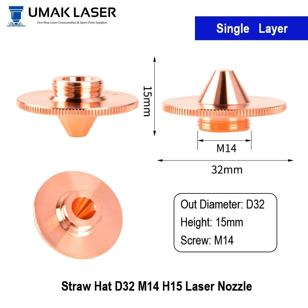 Universal D32 M14 Straw Hat Laser Nozzles | High-Power Fiber Cutting Tips