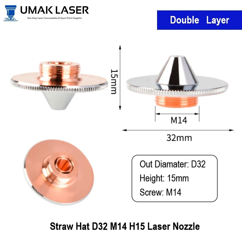 Universal D32 M14 Straw Hat Laser Nozzles | High-Power Fiber Cutting Tips